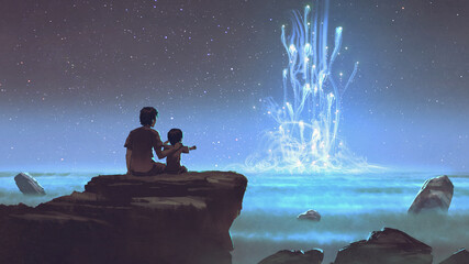 two brothers sitting on the cliff and looking at the mysterious glowing light