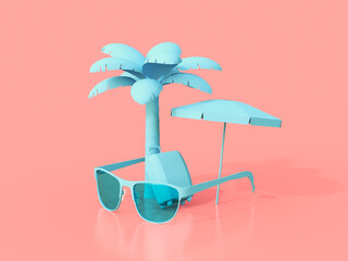 Palm tree, sunglasses, and a suitcase 3d rendering. Illustration of recreation and travel. Icon on the theme of recreation. © viklyaha