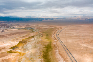 aerial view of road in the desert