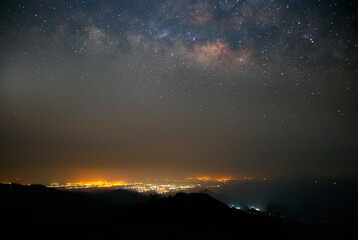 Landscape of the milky way galaxy over mountain with star light on the night sky. Milky way galaxy reflaction on the water in the river at Sisaket province, Thailand.