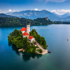 Lake Bled, Slovenia - Beautiful aerial view of Lake Bled (Blejsko Jezero) with the Pilgrimage...