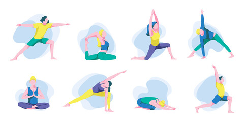 Different people doing workout at home. Man and woman doing yoga. Cartoon sport activities set. Collection of yoga asanas. Concept of healthcare and sports. Healthy lifestyle. Flat vector illustration