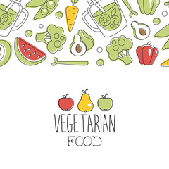 Vegetarian Food Banner Template Can be Used for Natural Organic Food Store, Vegan Products, Farm Market, Restaurant or Cafe Menu Hand Drawn Vector Illustration