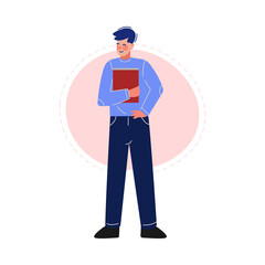 Guy Standing with a Book, Male College or University Student, Young Man Spending Spare Time by Reading Literature Vector Illustration