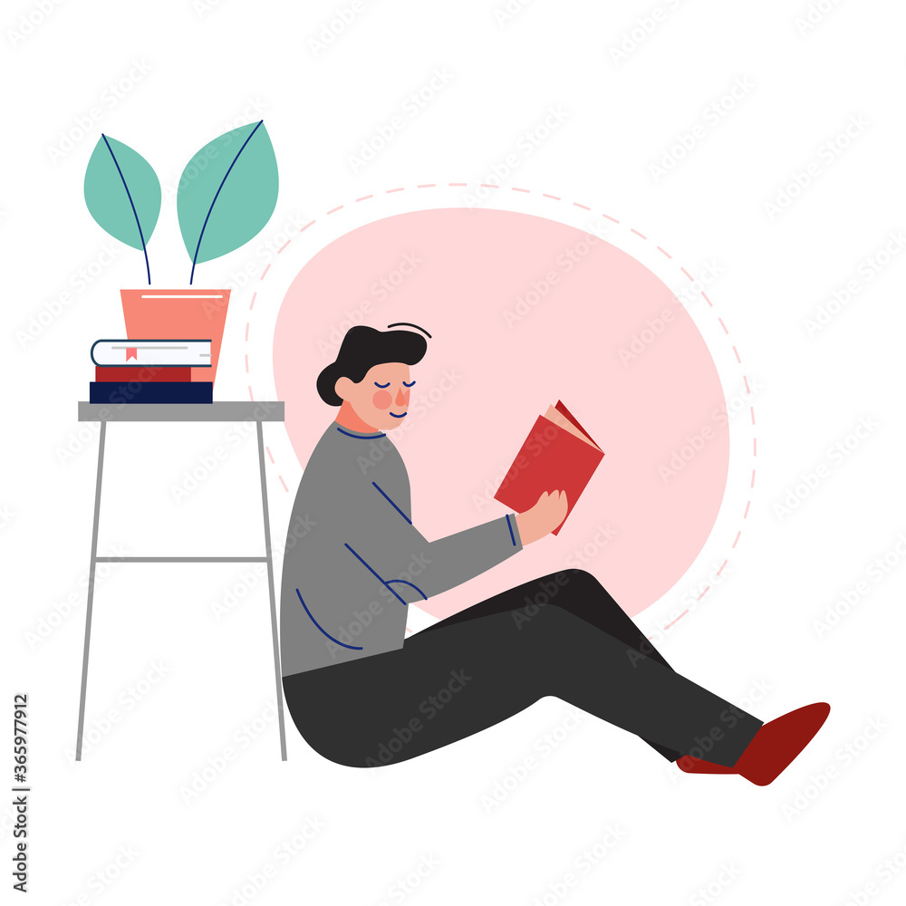 Sticker Guy Sitting on the Floor and Reading a Book, Male College or University Student, Young Man Enjoying of Reading Literature Vector Illustration