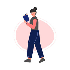 Girl Walking and Reading a Book, Female College or University Student, Young Woman Enjoying of Reading Literature Vector Illustration