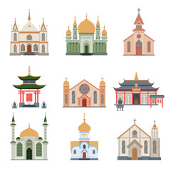 Religious Buildings Collection, Different Churches and Temples Facades, Ancient Architectural Constructions Vector Illustration