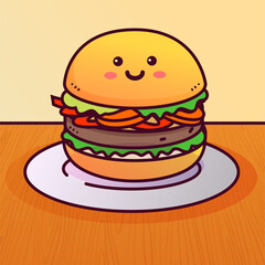 Fast food, hamburger. Funny cute burger drawn with a smile and eyes. Happy smiling funny cute burger. Flat cartoon character illustration icon design. Colorfull template for wallpaper and invitation.