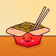 Fast food, noodle. Flat eps vector illustration. Takeout noodle in the box and choopstick. Cute illustration with smiling face and red cheeks. Colorful background. Yummy, healthy and delicious food.
