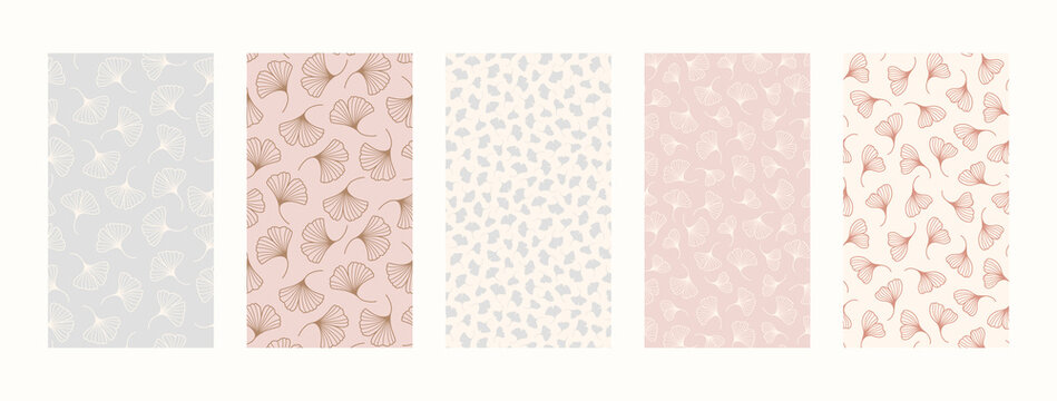 Set Backgrounds with floral Elements. Mobile Wallpapers in minimalist style for social media stories.