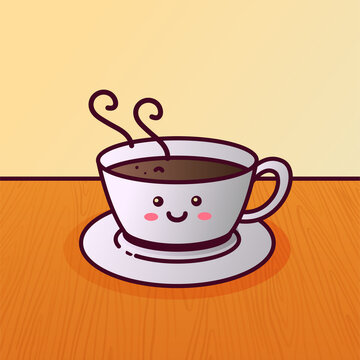 Cute cartoon food. Lovely emoticon. Kawaii coffee cup illustration. Smiling face vector illustration. Hot coffee mug cute character. The adorable character with eyes and mouth. Good morning vector.