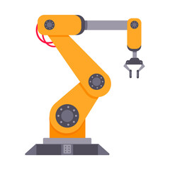 Robotic arm flat style design vector illustration isolated on white background. Robot arm or hand. Industrial manipulator. Modern smart factory industry 4.0 technology manufacturing.