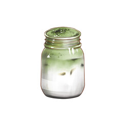 Iced matcha tea in a glass, Raster illustration, Isolated on white