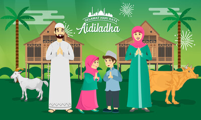 Eid al Adha greeting card. muslim family celebrating Eid al Adha with goat, cow, and traditional malay village house as background. selamat hari raya Aidiladha  translates to Eid al Adha mubarak