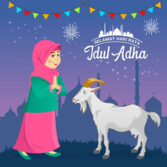 Eid al Adha greeting card. Cute cartoon muslim girl celebrating Eid al Adha with a goat for sacrifice with mosque as background. vector 

illustration
