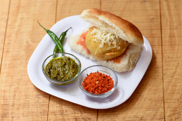 Vada Pav or Wada Pav,Indian Desi Burger is a street  food dish from Mumbai, Maharashtra. Indian street food,Selective focus
