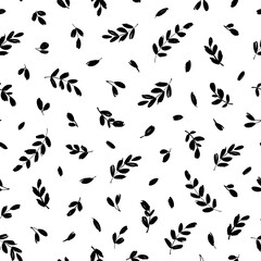Fototapeta na wymiar Leaves and branches vector seamless pattern. Black brush leaves and twigs. Olive branch modern ornament. Black ink texture with foliage. Hand drawn eucalyptus, laurel twig. Abstract plant motif