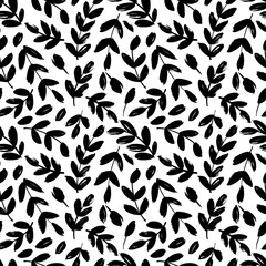Leaves and branches vector seamless pattern. Black brush leaves and twigs. Olive branch modern ornament. Black ink texture with foliage. Hand drawn eucalyptus, laurel twig. Abstract plant motif