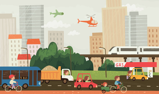 City traffic picture, transport in the city. Cars, bikes, bus on the road. Outdoor illustration.