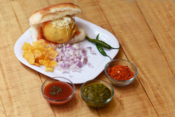 Vada Pav or Wada Pav,Indian Desi Burger is a street  food dish from Mumbai, Maharashtra. Indian street food,Selective focus
