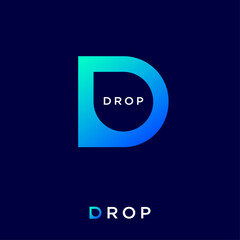 Letter D with a symbol of drop. Azure-blue logo. Clear water drop and clean environment symbol.  Logo can be used for spa, water beauty, packaging of water, cosmetics. 