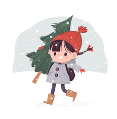 Cartoon girl walk, carry on, Christmas tree on winter background with snowfall.