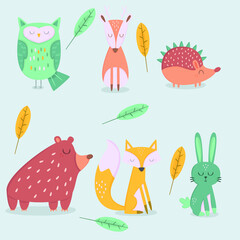 autumn forest animals hand drawn collection