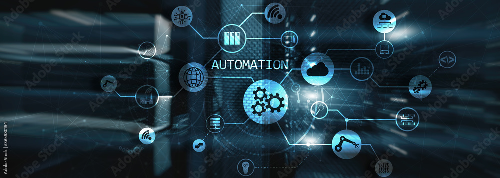 Wall mural robotic process automation on blurred big data center. panoramic horizontal photo.