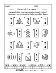 Educational math puzzle. Pictorial representation of fractions, reperesented by various shapes, recognition worksheet. Answers included.
