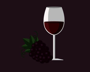 Wine glass with bunch of grapes isolated on purple background.
