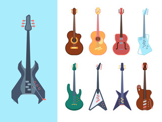Naklejka premium Guitars stylish set. Instruments acoustic for jazz country and heavy metal jumbo string deck form retro modern equipment for blues bands form of classical electric musical. Cartoon vector studio.