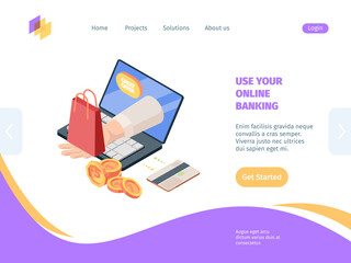 Online shopping with banking isometric homepage. Concept electronic commercial technology for sales credit web trading through application stores retail trade through site of services. Order vector.