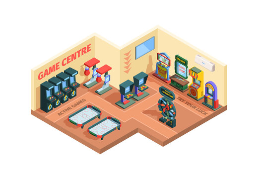 Game Center Isometric Illustration. Room With Slot Machines And Simulators An Inside View Electronic Entertainment Design Trainers Of Digital Sports Excitement. Vector Technology.