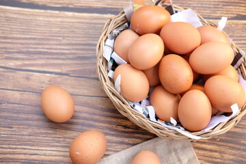Close up chicken egg on wooden table background and space for text 