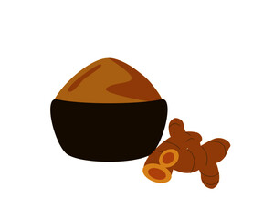 Turmeric root ( curcumin, curcuma ) and tumeric powder in wooden bowl  isolated on white background. Vector illustration.