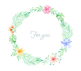 Watercolor wreath with tropical flowers, leaves. Hawaiian exotic illustrations for greeting card, wedding, wallpaper
