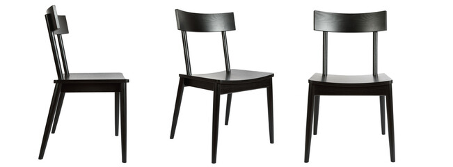 Set of three black wooden chairs in different view angles