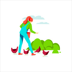 Woman farmer feeding chickens with grain. Poultry breeding. Agricultural worker taking care of birds on farm. Eco farming, rural hennery and agriculture concept flat vector illustration