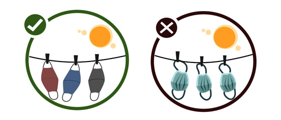 Face cotton cloth mask and surgical medical mask hanged at outdoor with sunlight. Cartoon design vector illustration. Reuse and single use, corona virus pandemic concept.