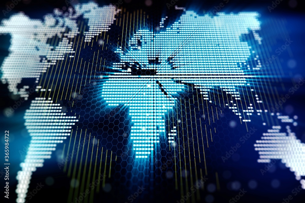 Aufkleber Abstract creative digital world map on abstract blue background, globalization concept. 3D Rendering