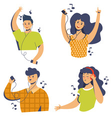Happy people listen to music with headphones. Girls and men are dancing. Gadgets for listening to music. Flat vector illustration.