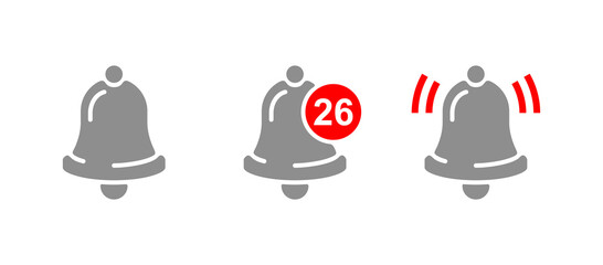 Notification bell in three variations - standard, with sound wave and unread messages number - vector icon for website interface