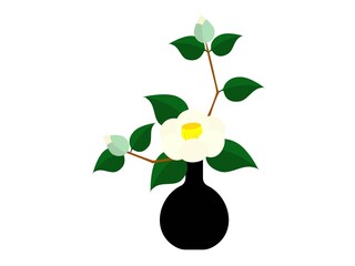 一輪挿しに生けた白い椿の花のイラスト