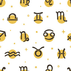 Cute zodiac symbols seamless pattern. Two-color astrology signs on a white background. Can be used for horoscope, predictions, greeting card or wrapping. Vector shabby hand drawn illustration
