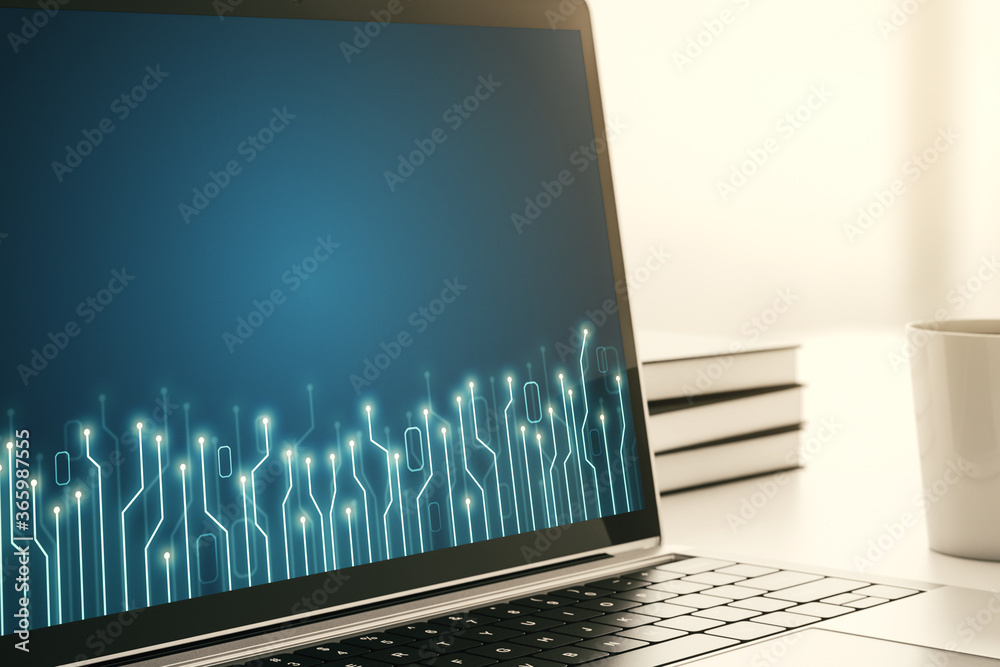 Poster modern computer monitor with circuit hologram. research and development hardware concept. 3d renderi