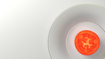 Assiette blanche dorée contenant une tomate. Représente le service d'un plat de tomates. Symbolise le manque de nourriture ou la simplicité d'un repas minimaliste. Évoque régime. Rendu 3D