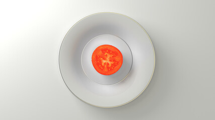 Assiette blanche dorée contenant une tomate coupée. Représente le service d'un plat de tomates. Symbolise le manque de nourriture ou la simplicité d'un repas minimaliste. Évoque un régime. Rendu 3D