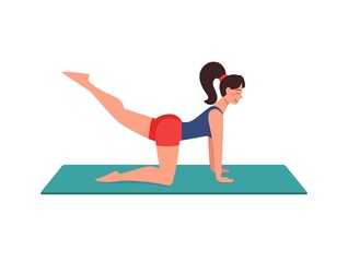 Vector illustration of gymnastics. A slender woman doing a workout, raises her leg. The young girl goes in for sports on the mat. Isolated on white, flat style.