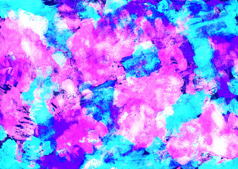 Abstract hand painted watercolor background paper design of bright color splashes in blue and pink