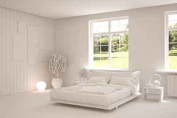Fototapeta na wymiar Modern bedroom in white color. Scandinavian interior design. 3D illustration